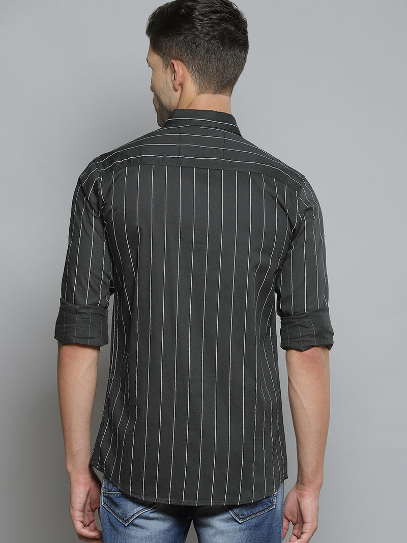 Men Olive Green Smart Slim Fit Pinstripes Opaque Striped Casual Shirt