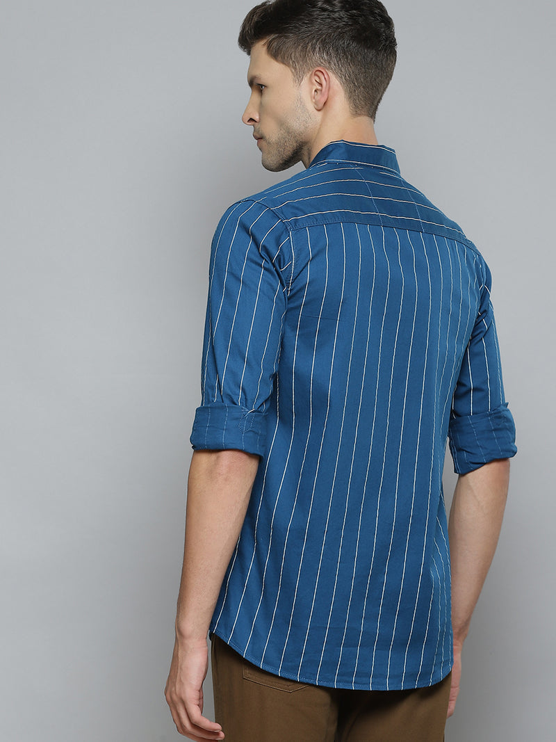 Men Blue Smart Slim Fit Pinstripes Opaque Striped Casual Shirt