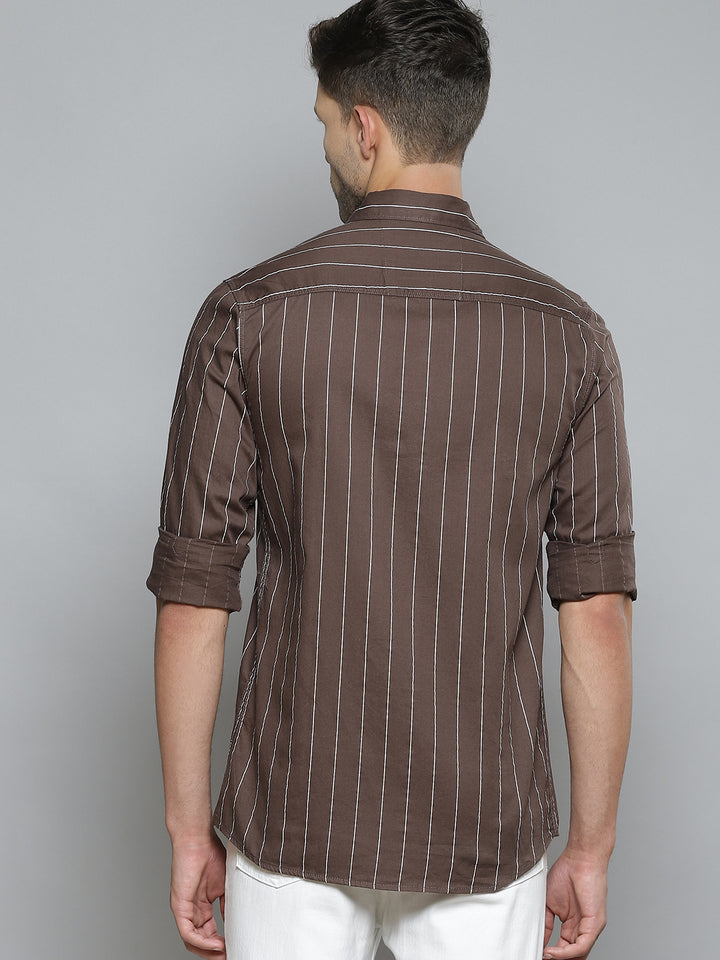 Men Brown  White Striped Smart Slim Fit Opaque Casual Shirt