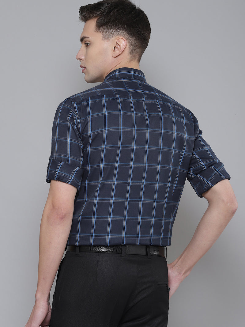 Men Navy Blue Smart Slim Fit Checked Formal Shirt