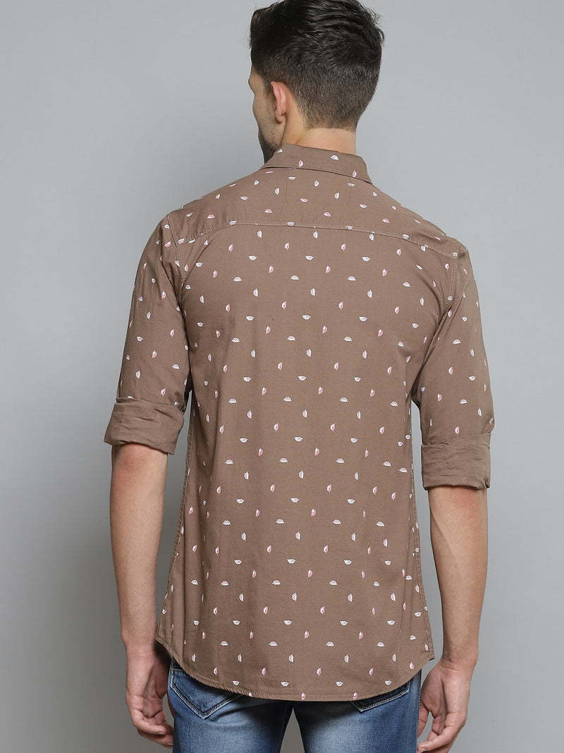 Men Brown Smart Slim Fit Opaque Feather Printed Casual Shirt