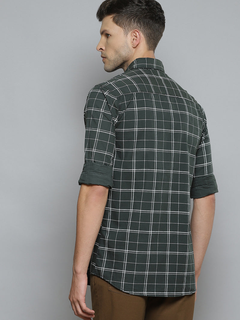 Men Green  White Checked Smart Slim Fit Opaque Casual Shirt