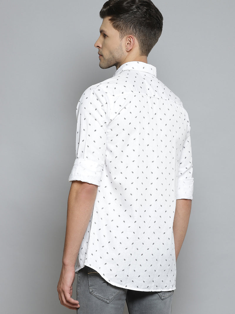Men White  Navy Blue Printed Smart Slim Fit Opaque Cotton Casual Shirt