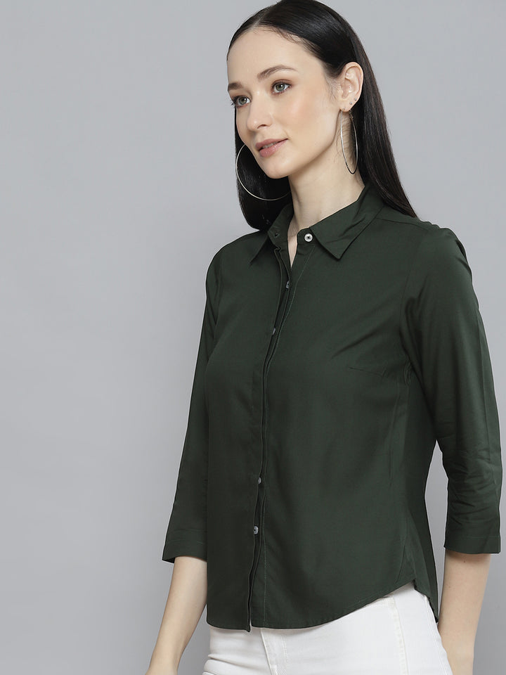 DENNISON Women Olive Green Solid Smart Slim Fit Casual Shirt