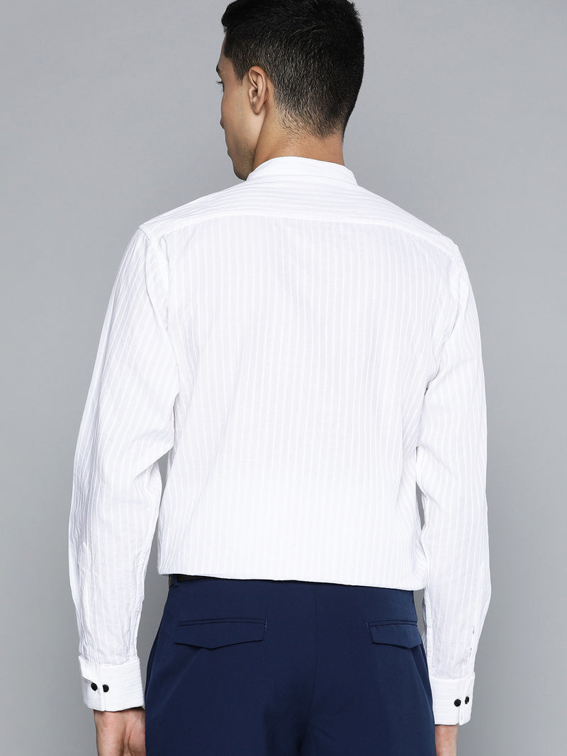 Men White Smart Slim Fit Opaque Striped Cotton Formal Shirt