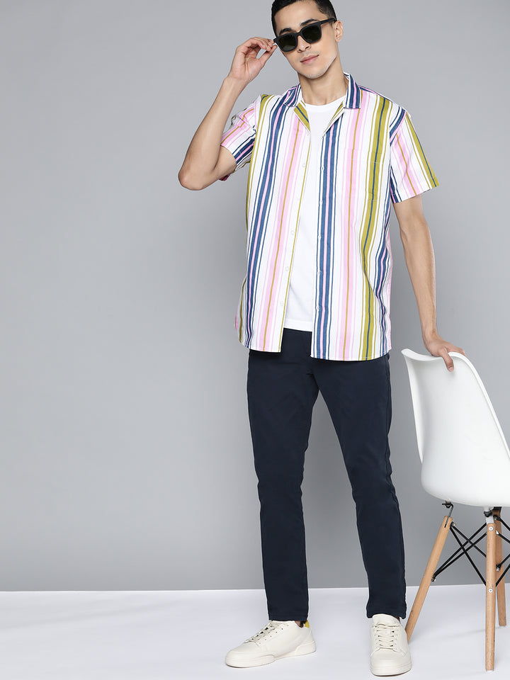 Men Pink  Blue Smart Multi Stripes Cotton Casual Shirt