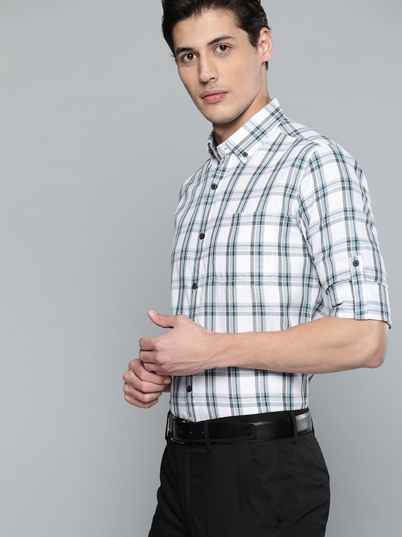 Men White  Black Pure Cotton Smart Fit Tartan Checks Checked Formal Shirt