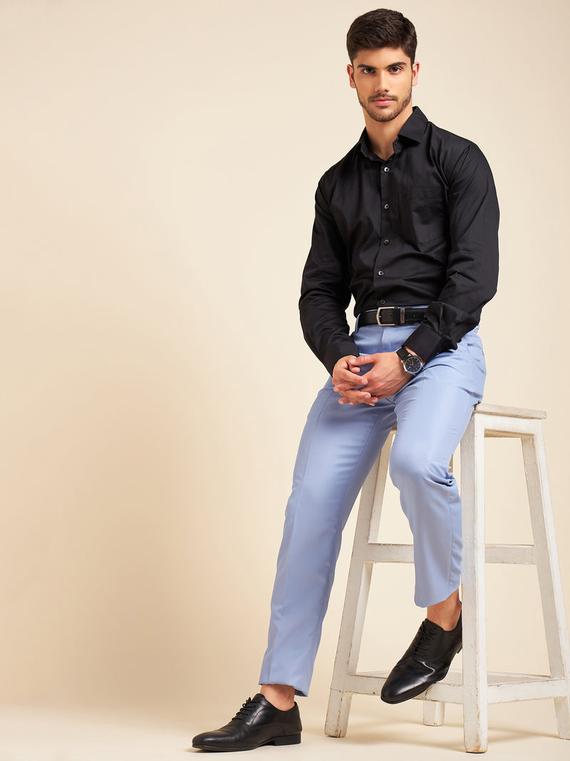 DENNISON Sky Blue Men Flat-Front Mid-Rise Formal Trousers