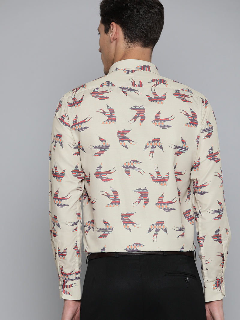 Men Beige Smart Slim Fit Printed Formal Shirt