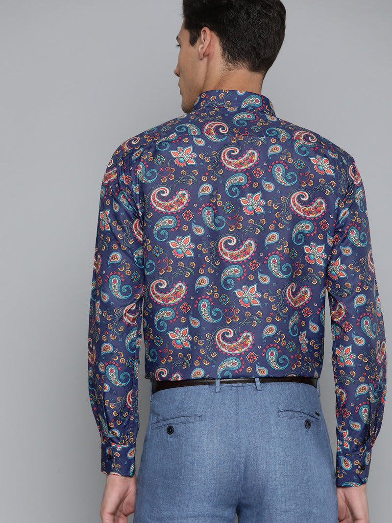 Men Navy Blue Smart Slim Fit Paisley Printed Formal Shirt