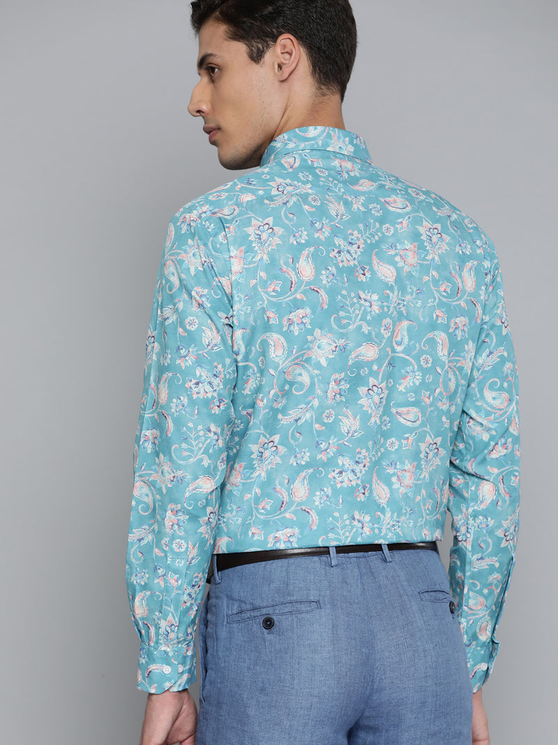 Men Turquoise Blue Smart Slim Fit Floral Printed Formal Shirt