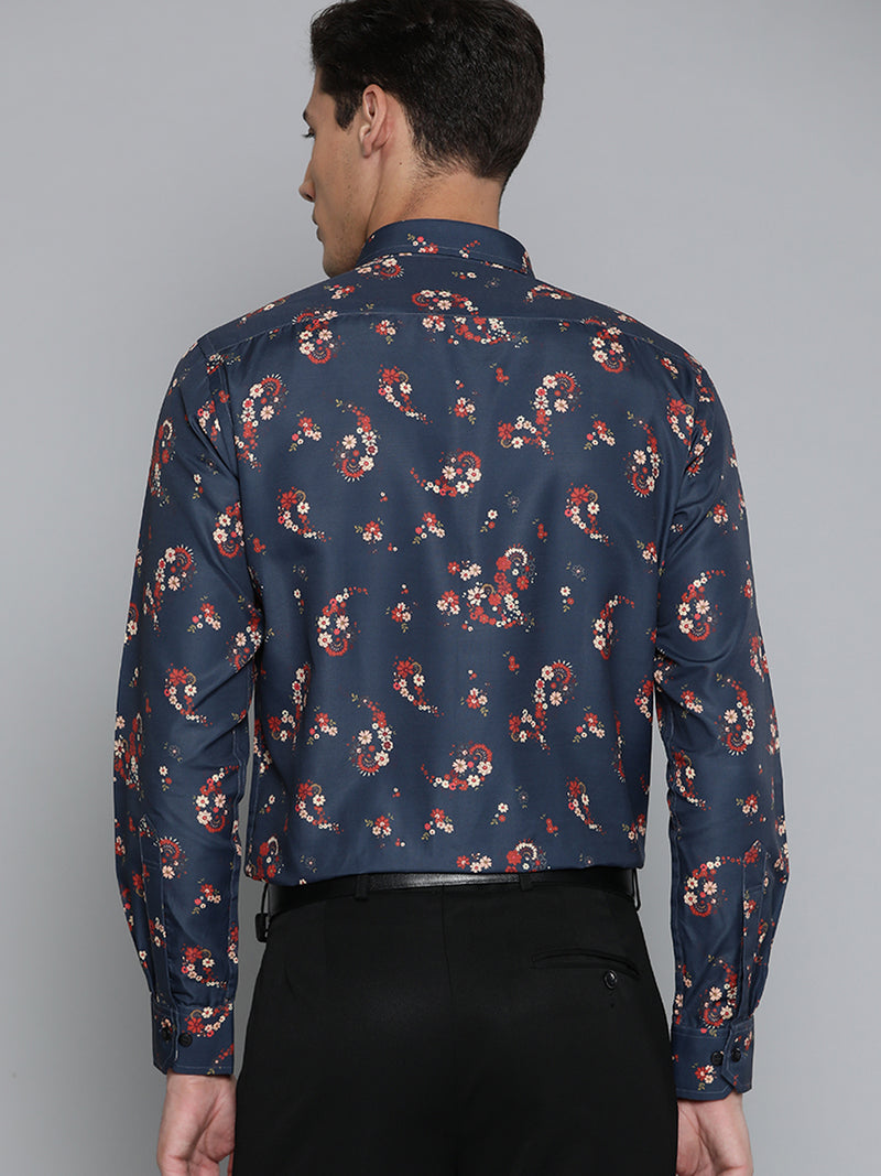Men Charcoal Grey Smart Slim Fit Floral Printed Formal Shirt