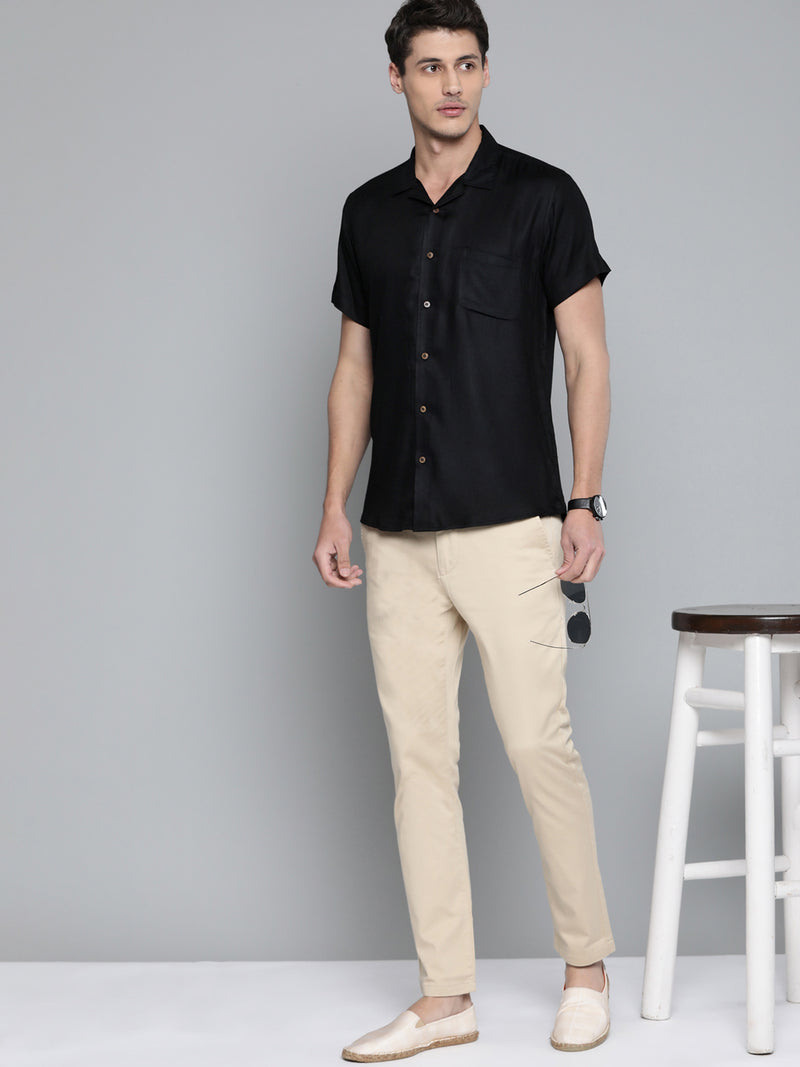 Men Black Cotton Twill Weave Slim Fit Casual Shirt