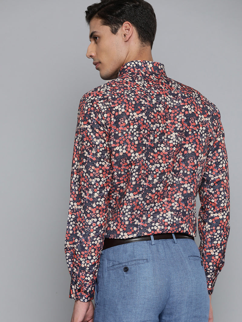 Men Navy Blue  Red Smart Slim Fit Floral Printed Formal Shirt
