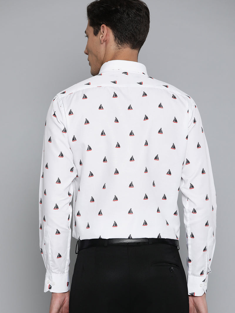Men White Smart Slim Fit Conversational Printed Formal Shirt