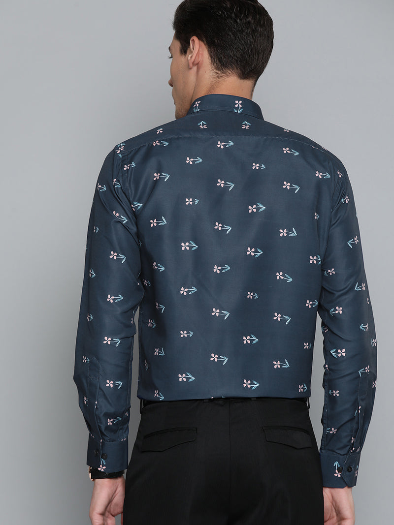 Men Navy Blue Smart Slim Fit Floral Printed Formal Shirt