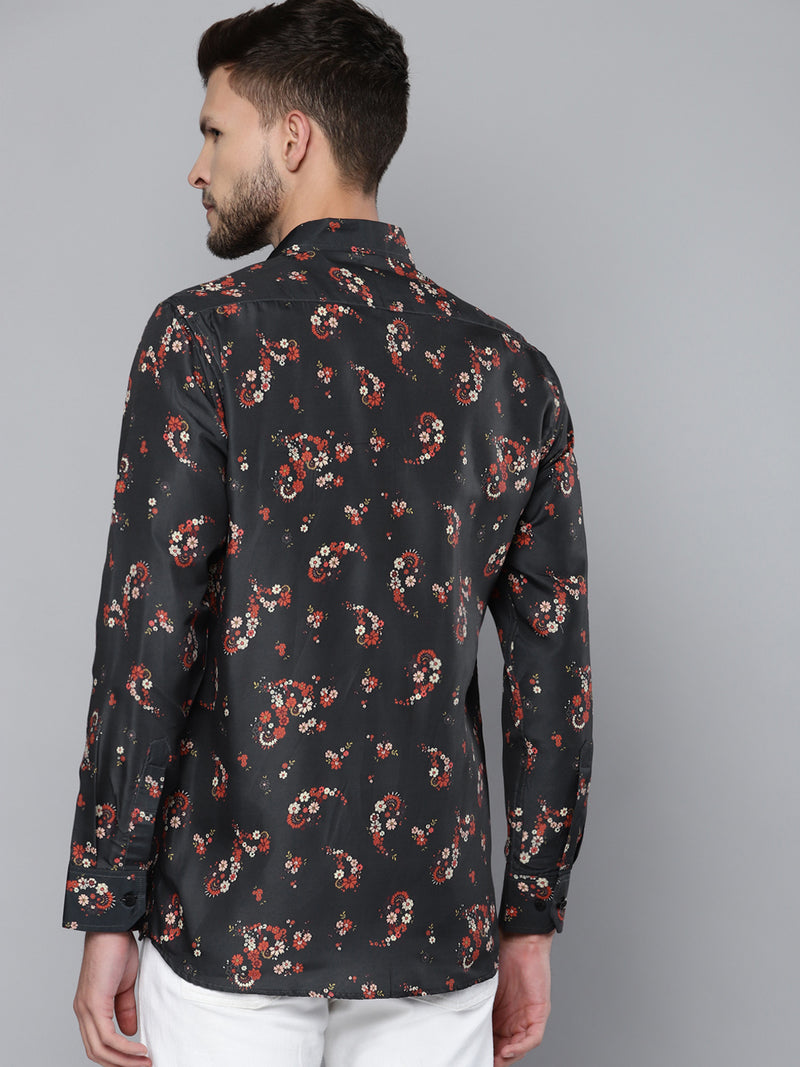 Men Charcoal Grey Smart Slim Fit Floral Printed Formal Shirt