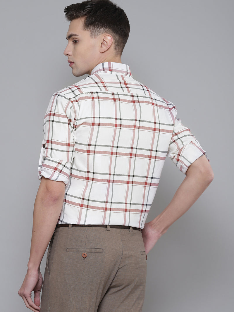 Men White  Red Smart Slim Fit Checked Formal Shirt