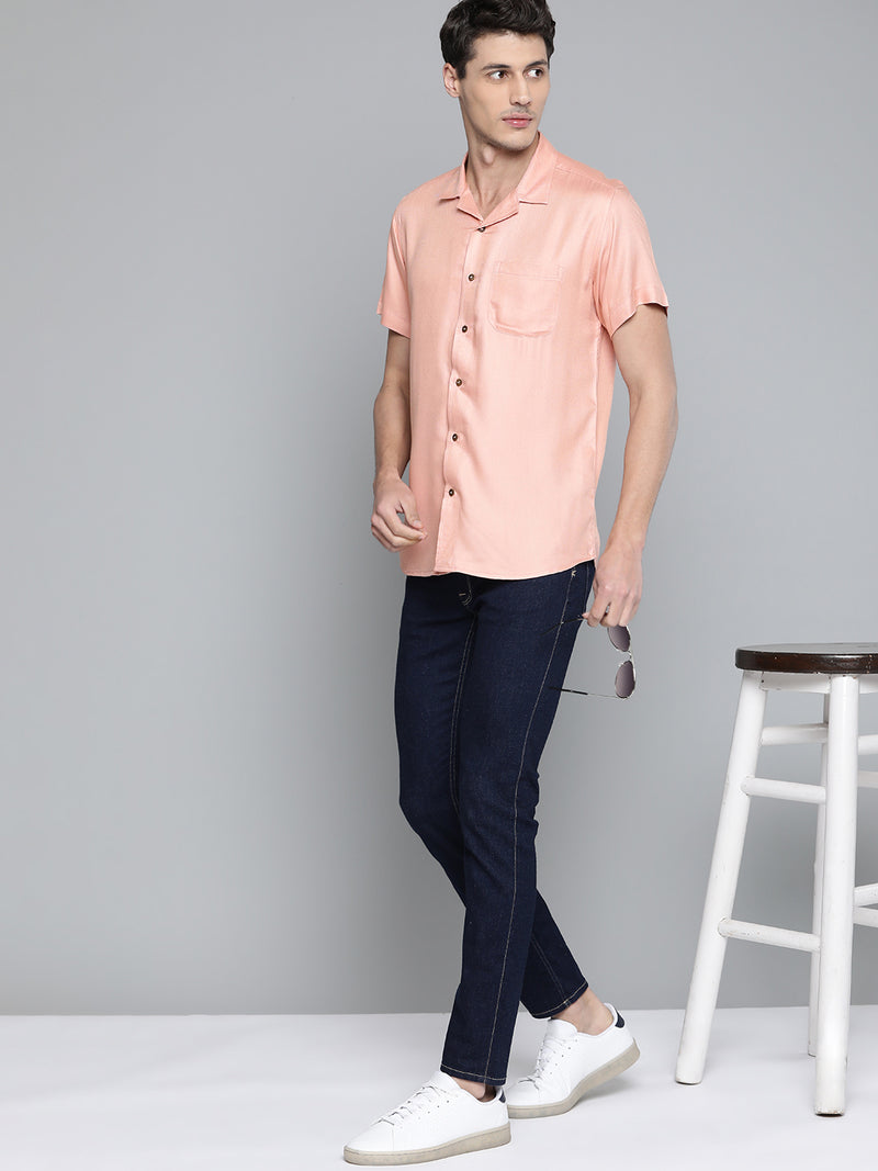 Men Peach-Coloured Twill Weave Cotton Slim Fit Casual Shirt