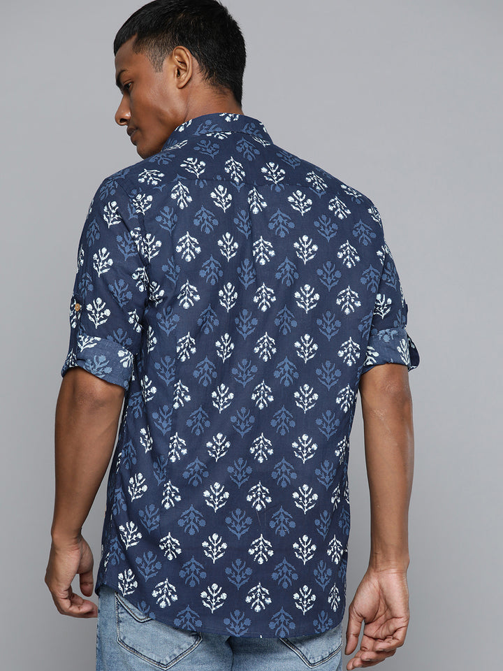 DENNISON Men Blue Block Printed Shirt