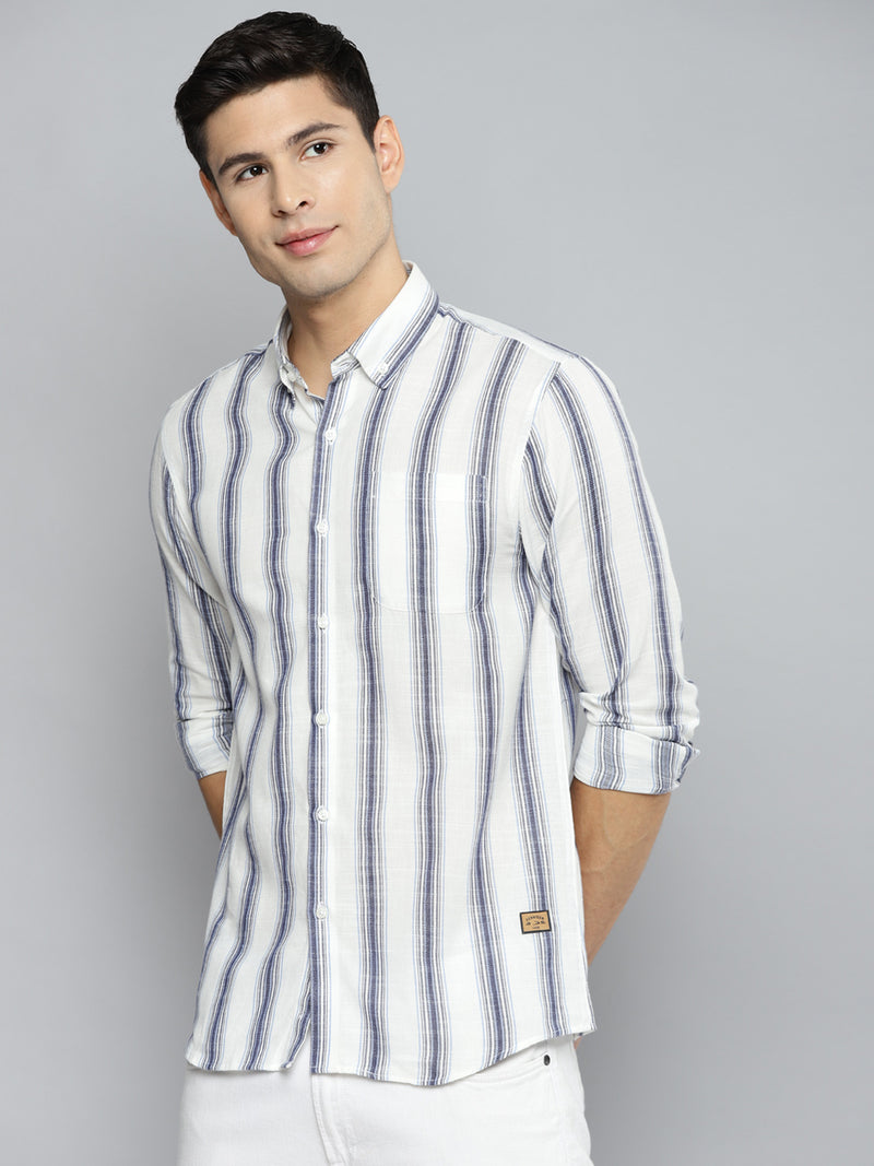 White: Full Sleeve Button-Down Collar Striped Shirt