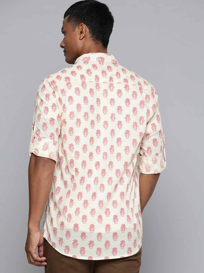 Cream: Full Sleeves Block Printed Shirt
