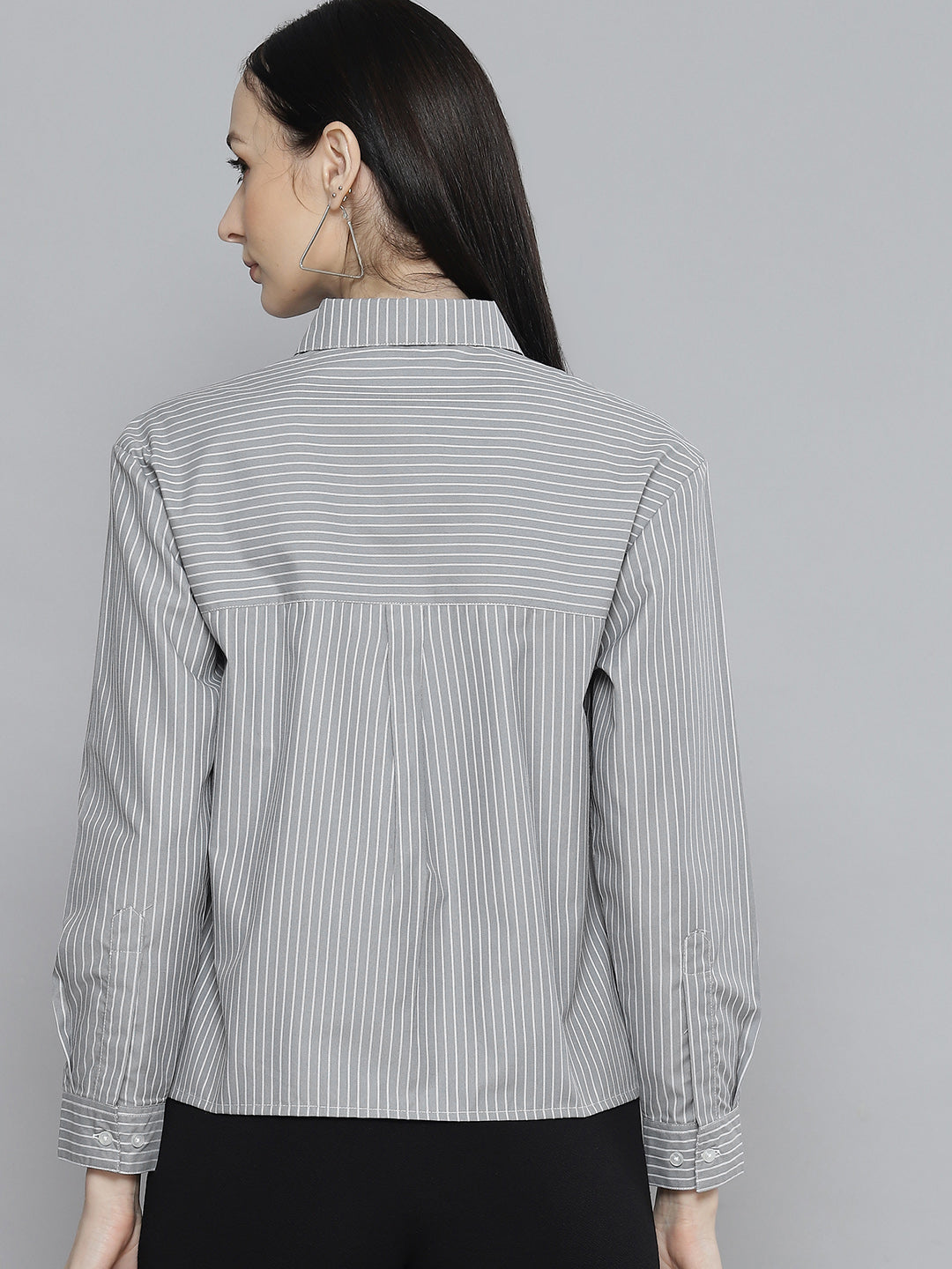 DENNISON Women Grey & White Smart Pinstripes Striped Shirt