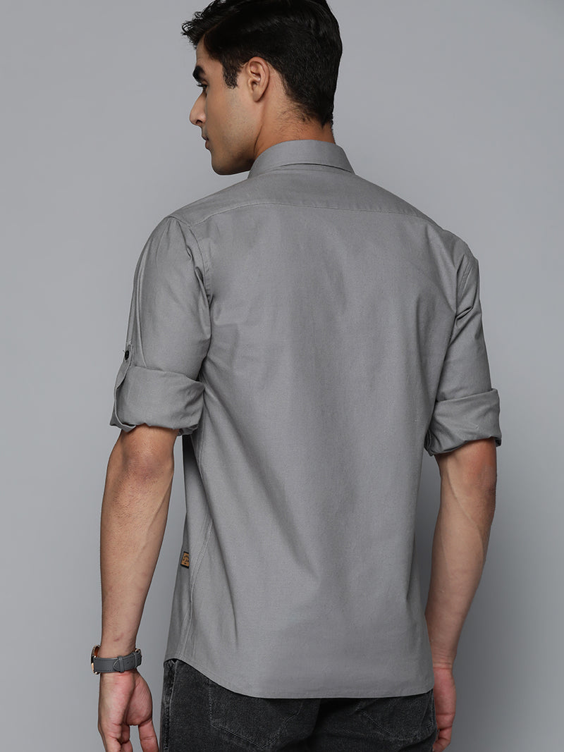 DENNISON Men Grey Solid Pure Cotton Smart Slim Fit Casual Shirt