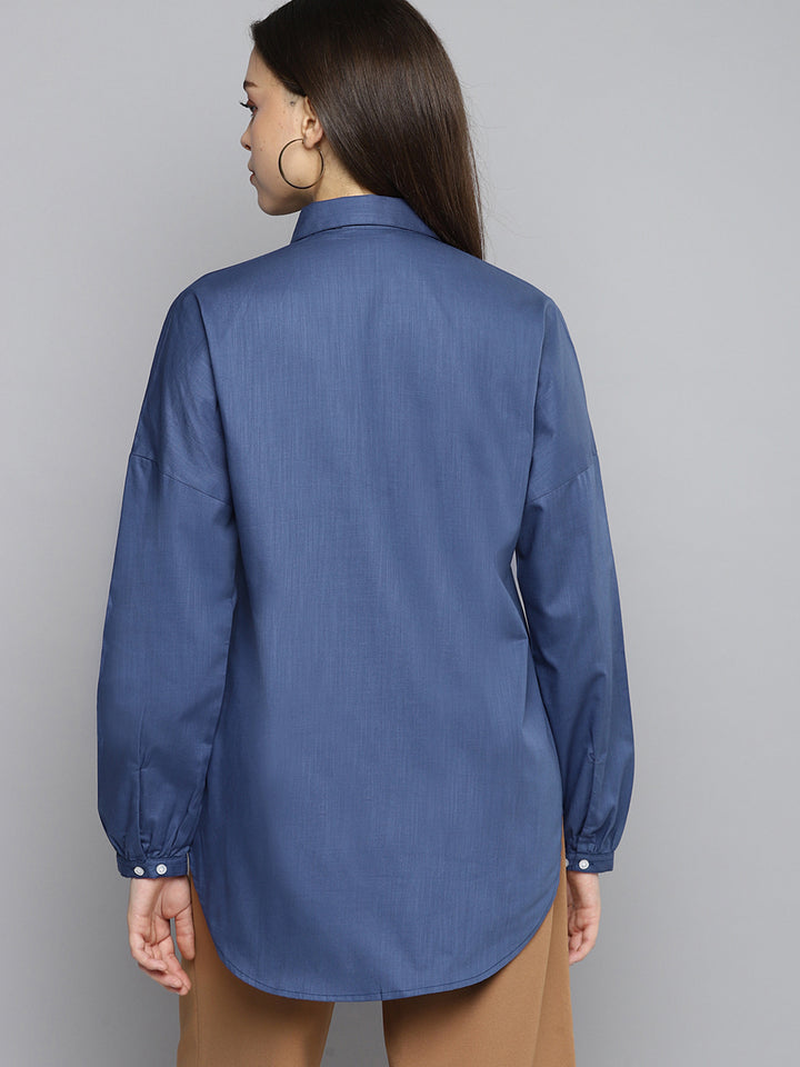 DENNISON Women Blue Oversized Puff Sleeves Casual Shirt