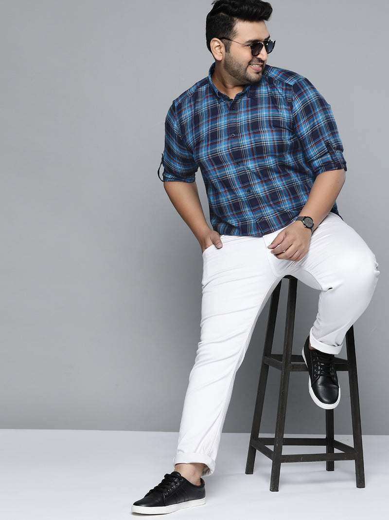 Men Navy Blue Smart Slim Fit Pure Cotton Opaque Checked Casual Shirt