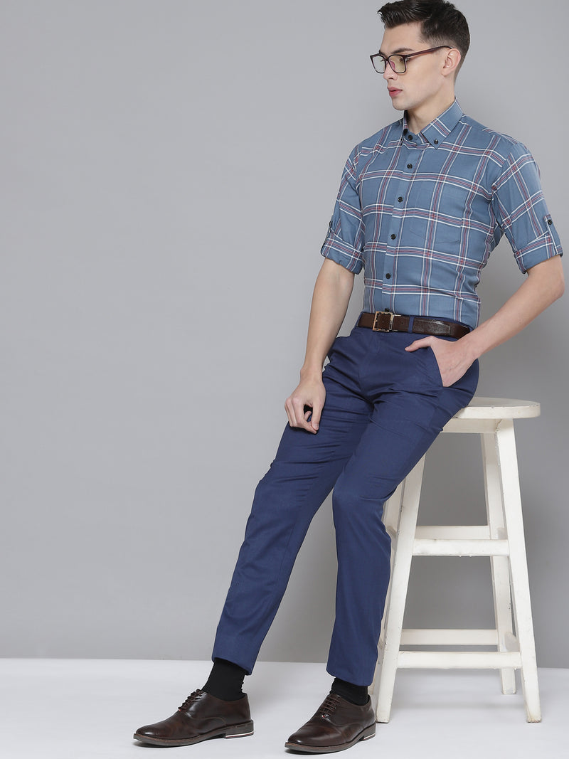Men Blue Smart Slim Fit Checked Formal Shirt