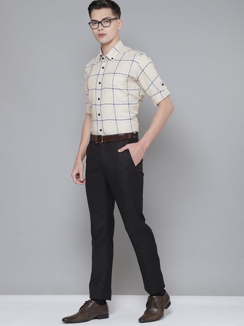 Men Cream-Coloured Smart Slim Fit Checked Formal Shirt