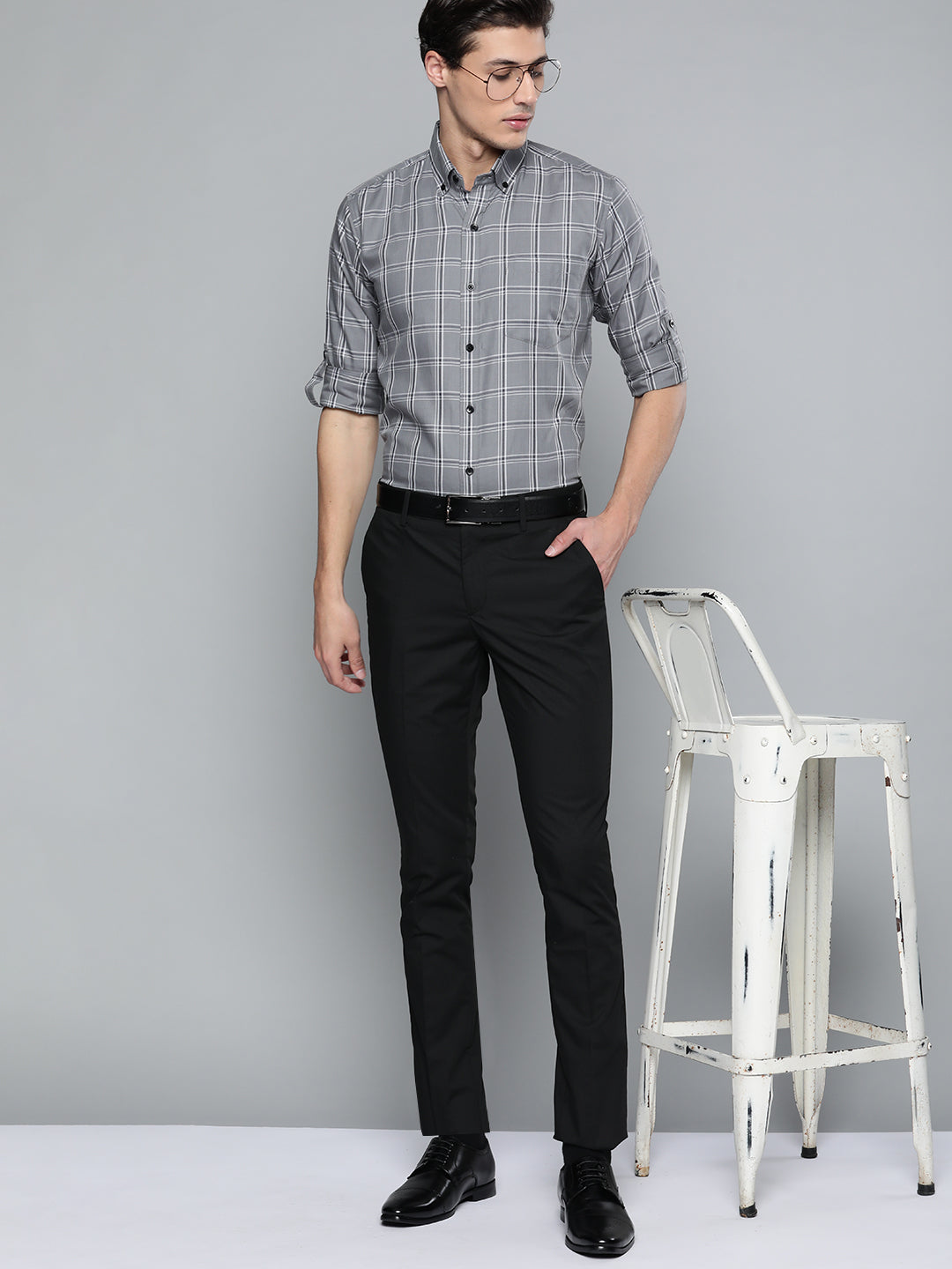 Men Grey Black Pure Cotton Smart Fit Tartan Checks Checked Formal Shirt