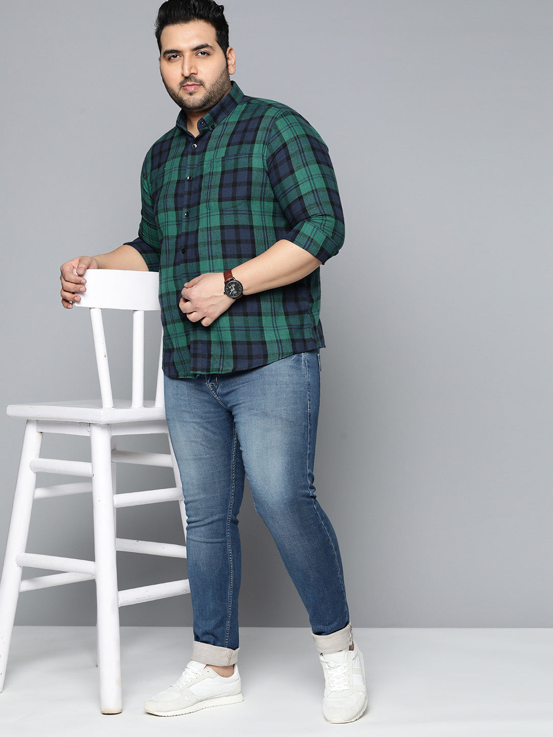 Men Plus Size Tartan Checked Casual Shirt