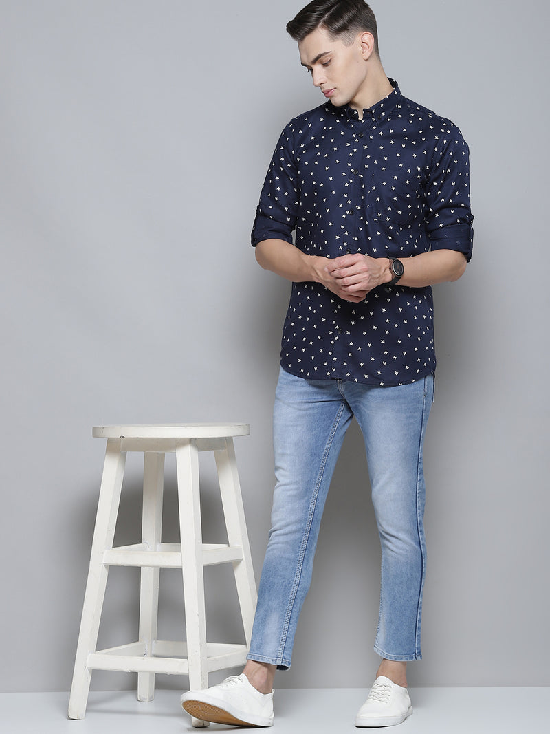 Men Navy Blue Smart Slim Fit Opaque Printed Casual Shirt