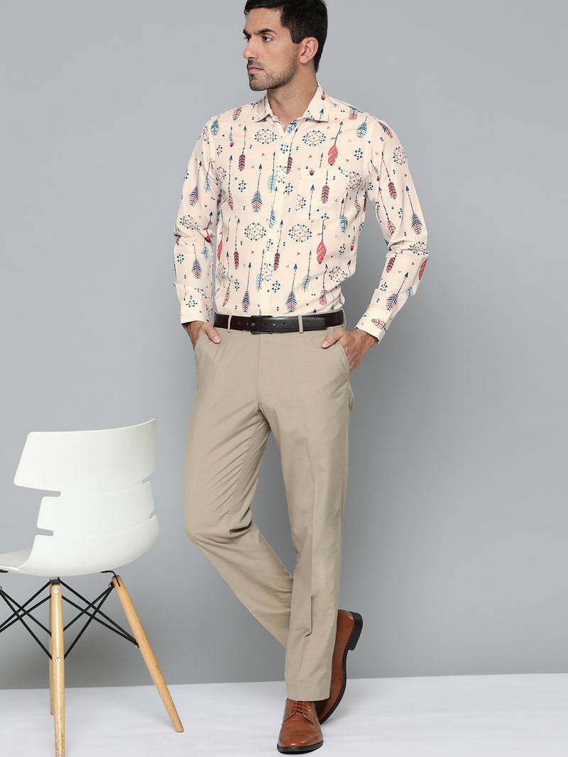 Men Cream-Coloured Conversational Printed Smart Slim Fit Casual Shirt