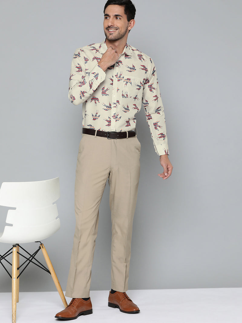 Men Cream-Coloured  Navy Blue Smart Slim Fit Printed Formal Shirt
