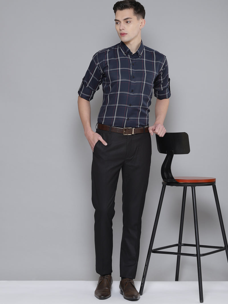 Men Navy Blue Smart Slim Fit Checked Formal Shirt