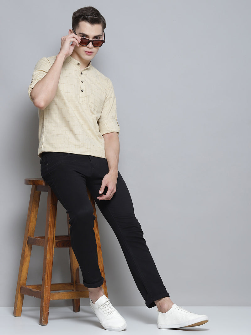 Men Cream-Coloured Patterned Comfort Slim Fit Cotton Kurta