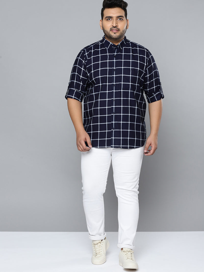 Men Navy Blue Smart Slim Fit Opaque Checked Formal Shirt
