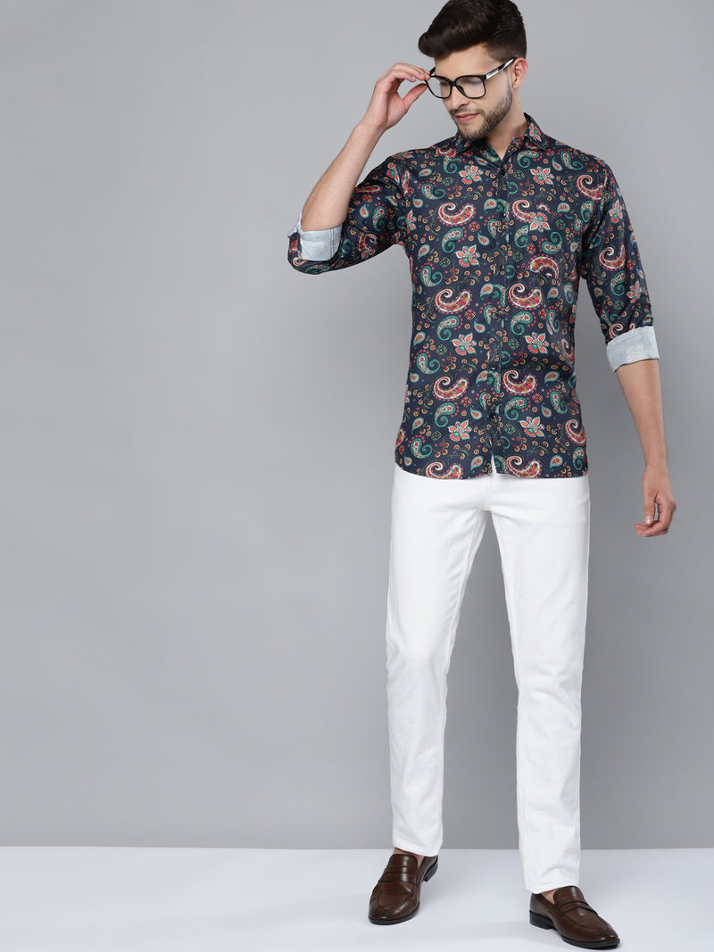 Men Navy Blue Smart Slim Fit Printed Formal Shirt