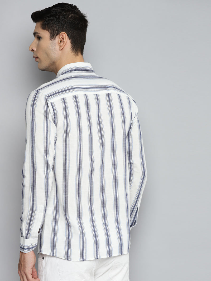 White: Full Sleeve Button-Down Collar Striped Shirt