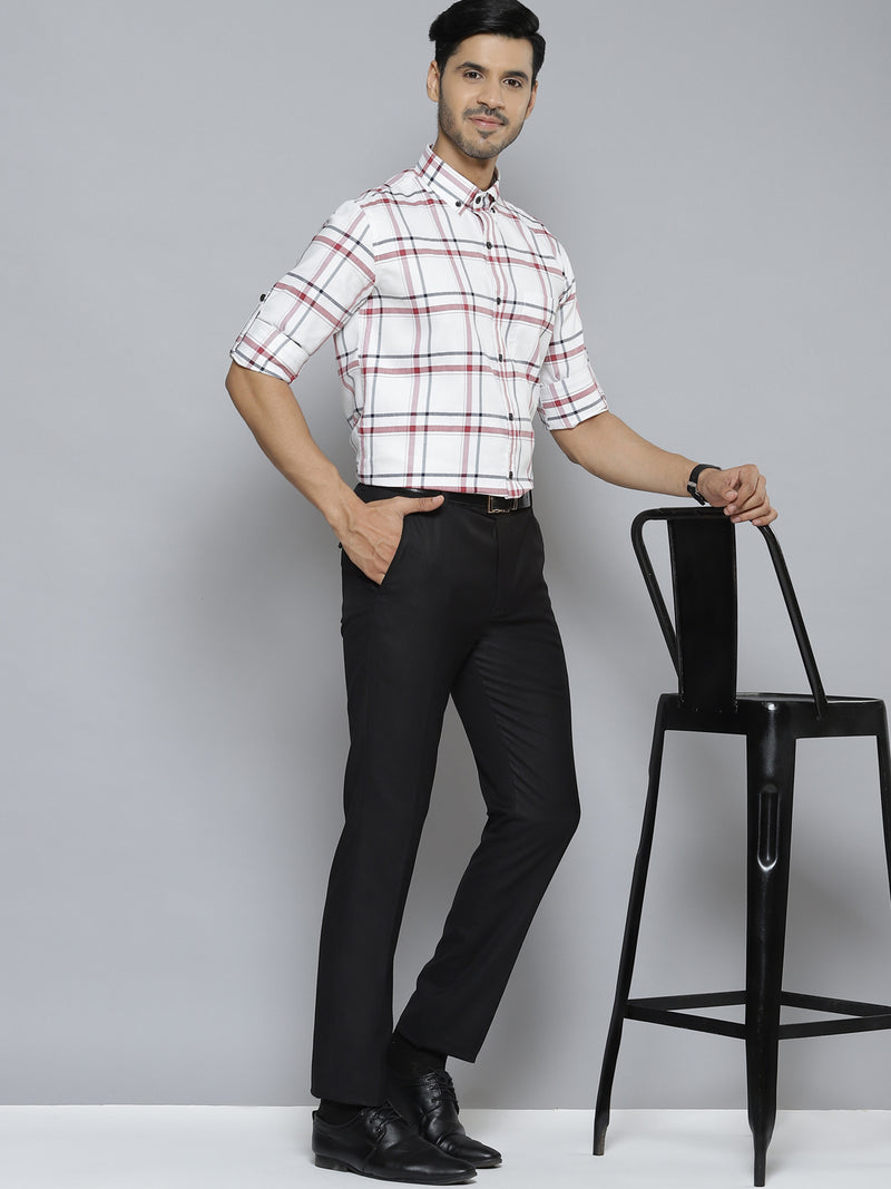 DENNISON Men White  Red Smart Slim Fit Checked Formal Shirt