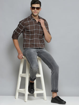 Men Brown  White Windowpane Checks Smart Slim Fit Opaque Casual Shirt