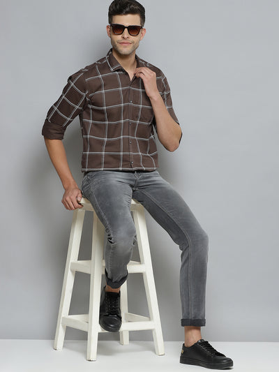 Men Brown  White Windowpane Checks Smart Slim Fit Opaque Casual Shirt