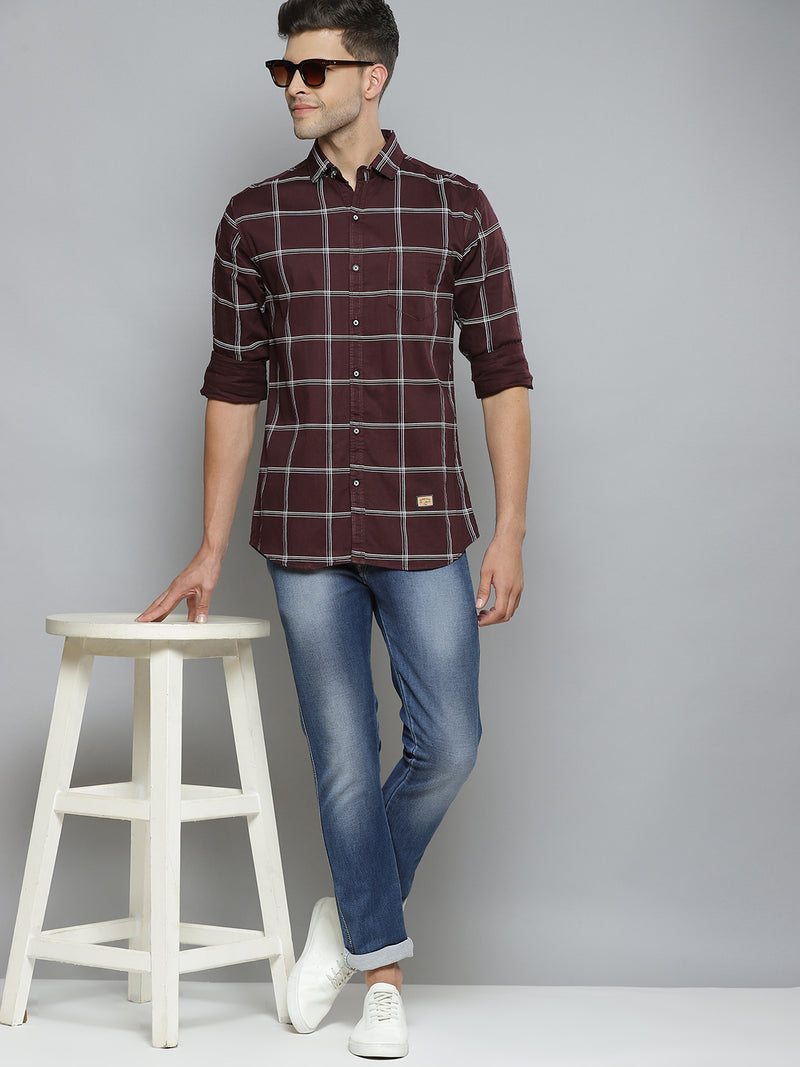 Men Burgundy  White Windowpane Checks Smart Slim Fit Opaque Casual Shirt