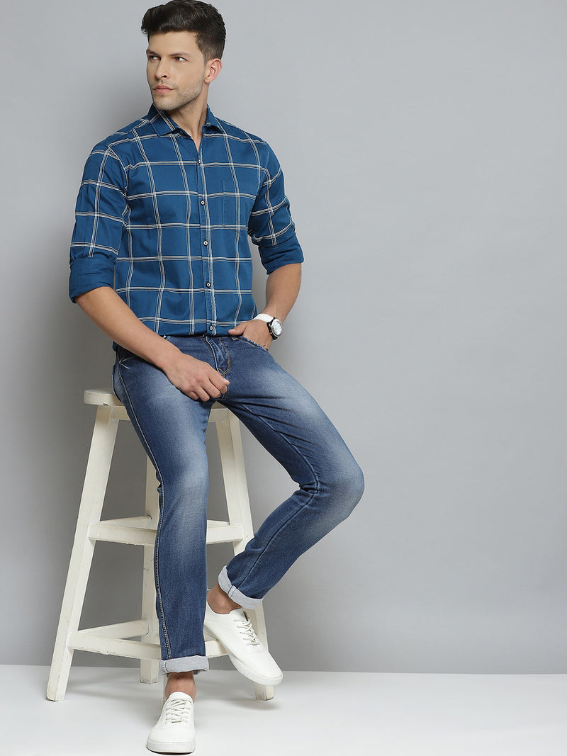 Men Blue Smart Slim Fit Windowpane Checks Opaque Checked Casual Shirt