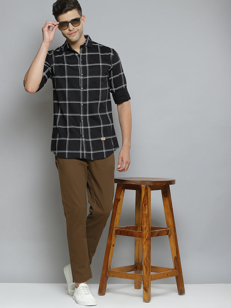 Men Black  White Windowpane Checks Smart Slim Fit Opaque Casual Shirt