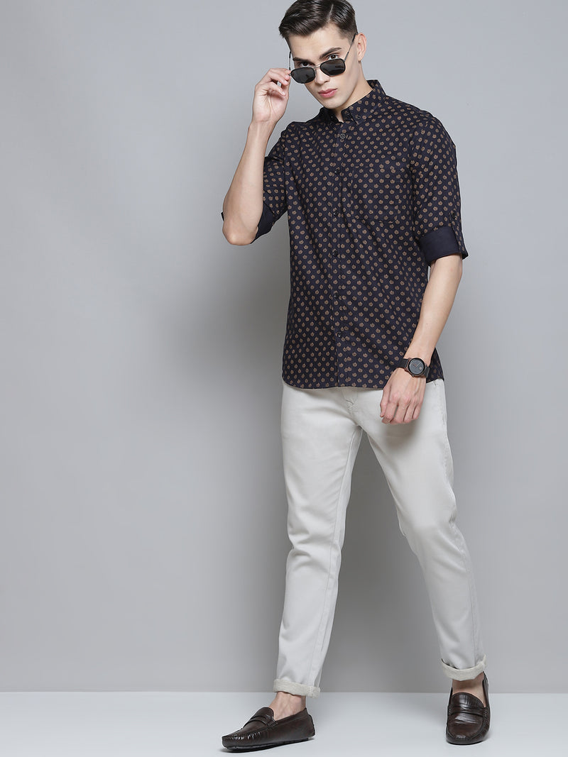 Men Navy Blue Smart Slim Fit Opaque Printed Casual Shirt