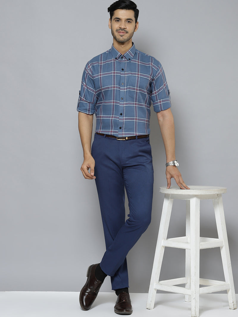 Men Blue  Pink Smart Slim Fit Checked Formal Shirt